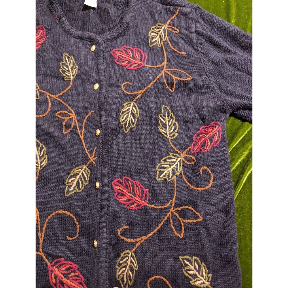 Crystal‑Kobe Embroidered Leaf Cardigan Ramie Cotton Black Cottagecore Fall M